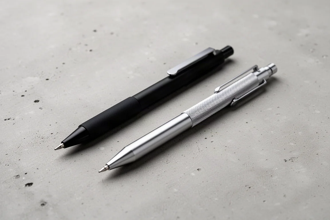 Two mechanical pencils laid side by side for comparison on a neutral surface
