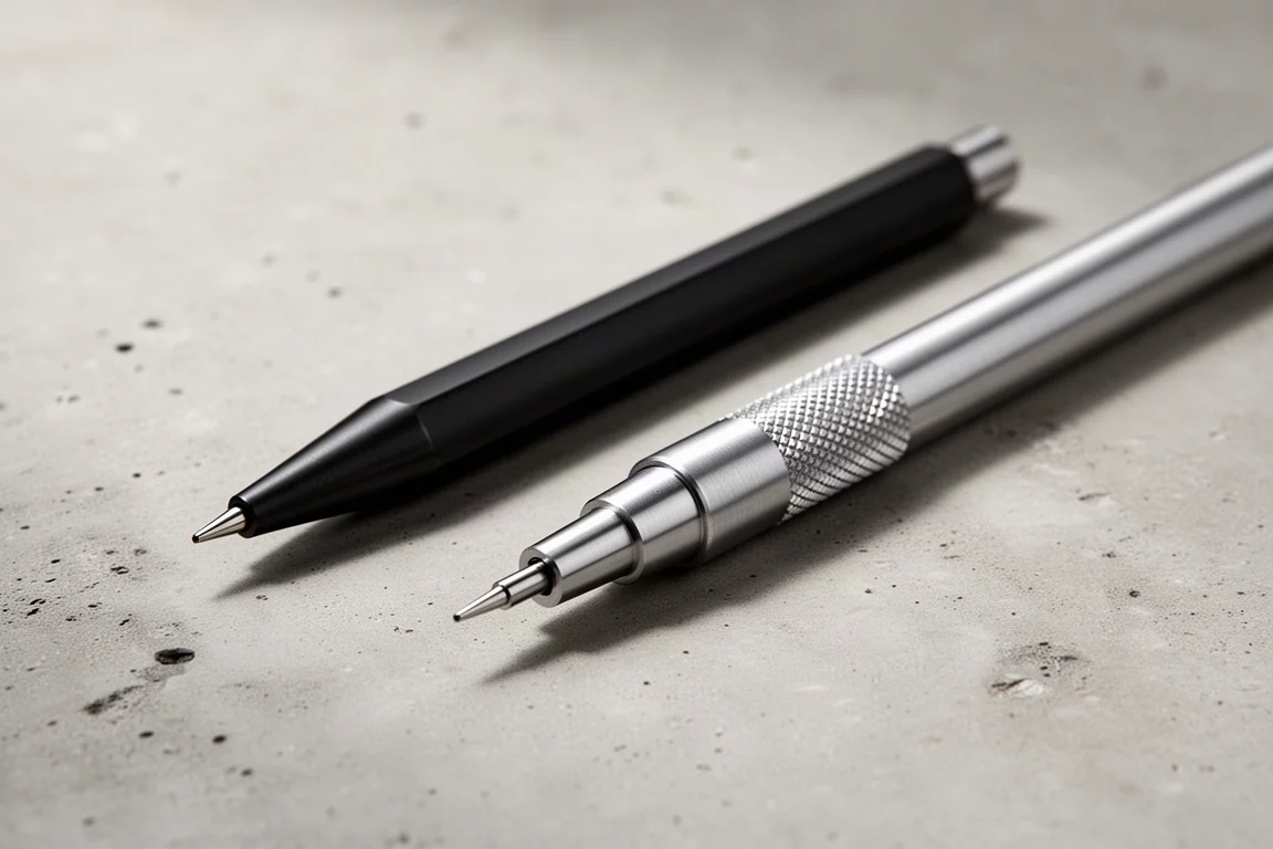 Two slim mechanical pencils, black and silver, on a matte concrete surface