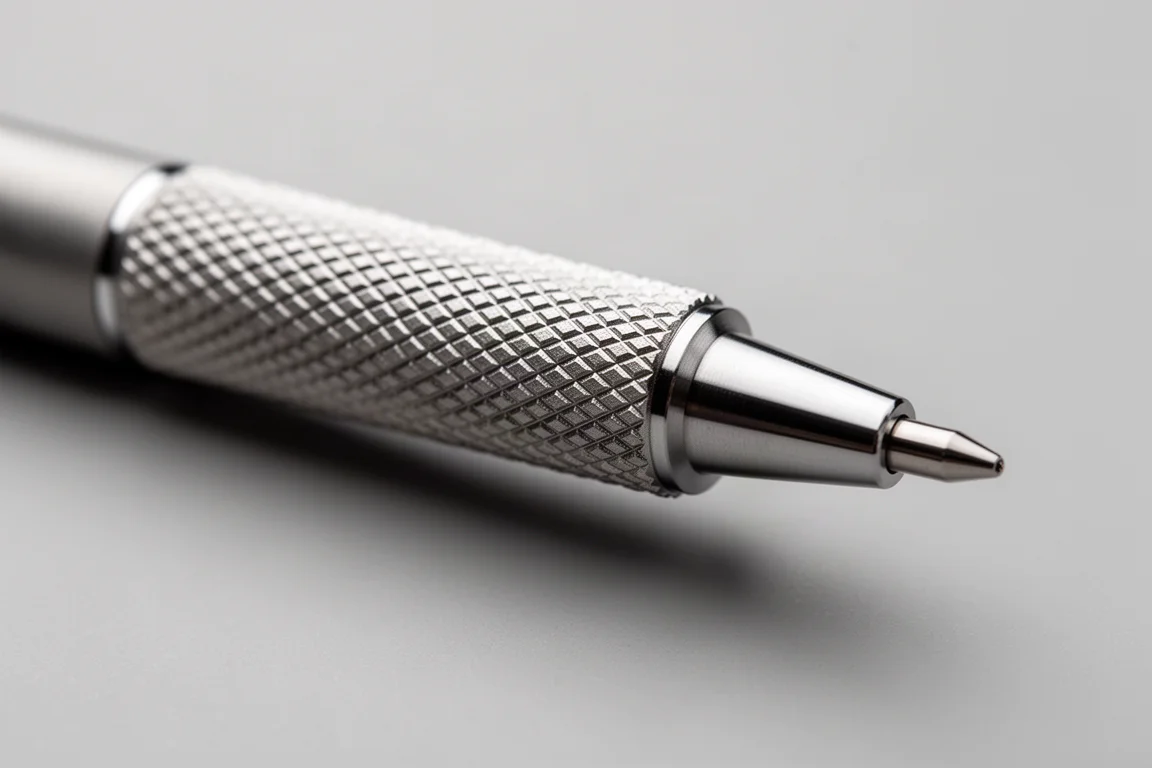 Close-up of a knurled metal grip section on a mechanical pencil