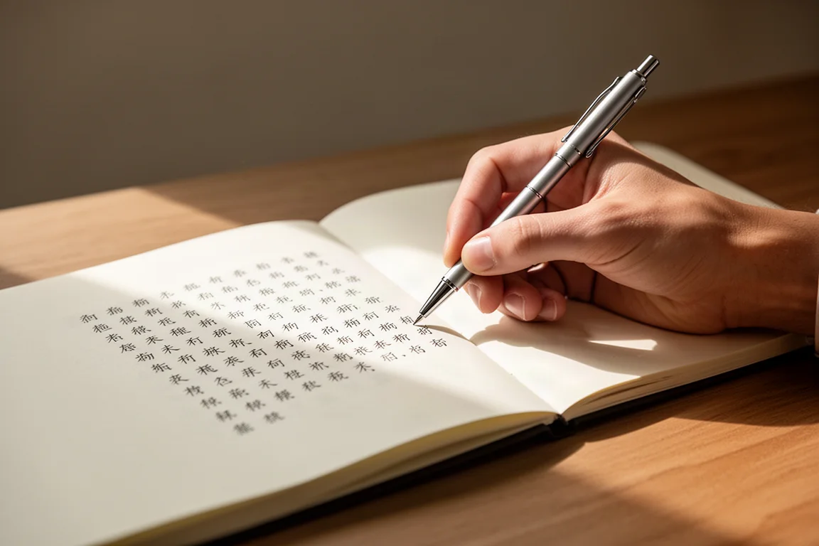Hand writing neat characters in a notebook with a mechanical pencil
