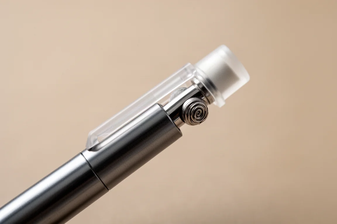 Knock cap of a mechanical pencil being pressed during writing
