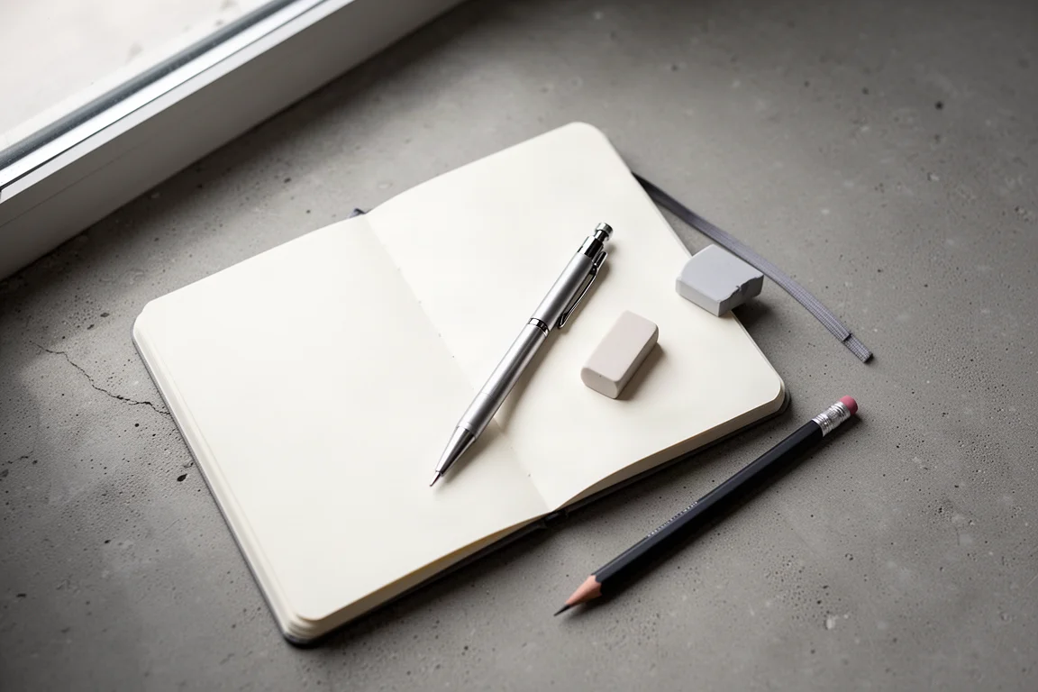 Flat-lay of stationery items arranged on a desk