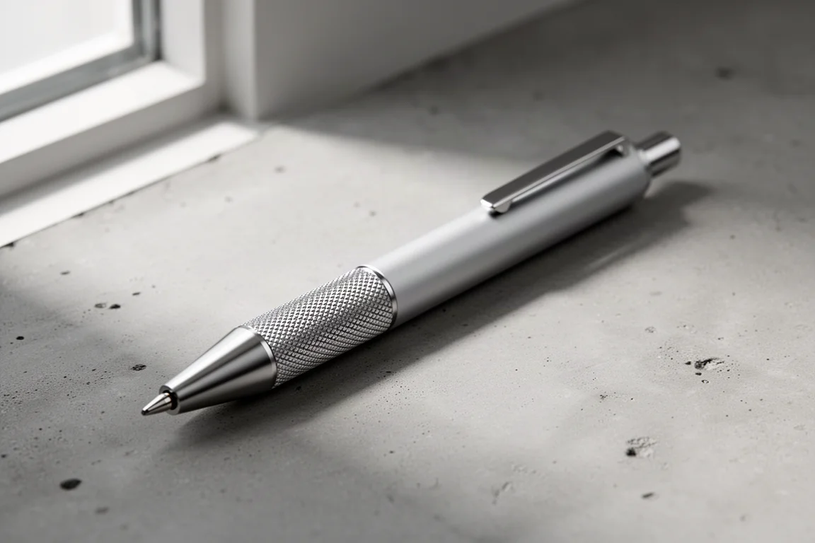 Slim silver mechanical pencil with knurled metal grip lying on a concrete surface