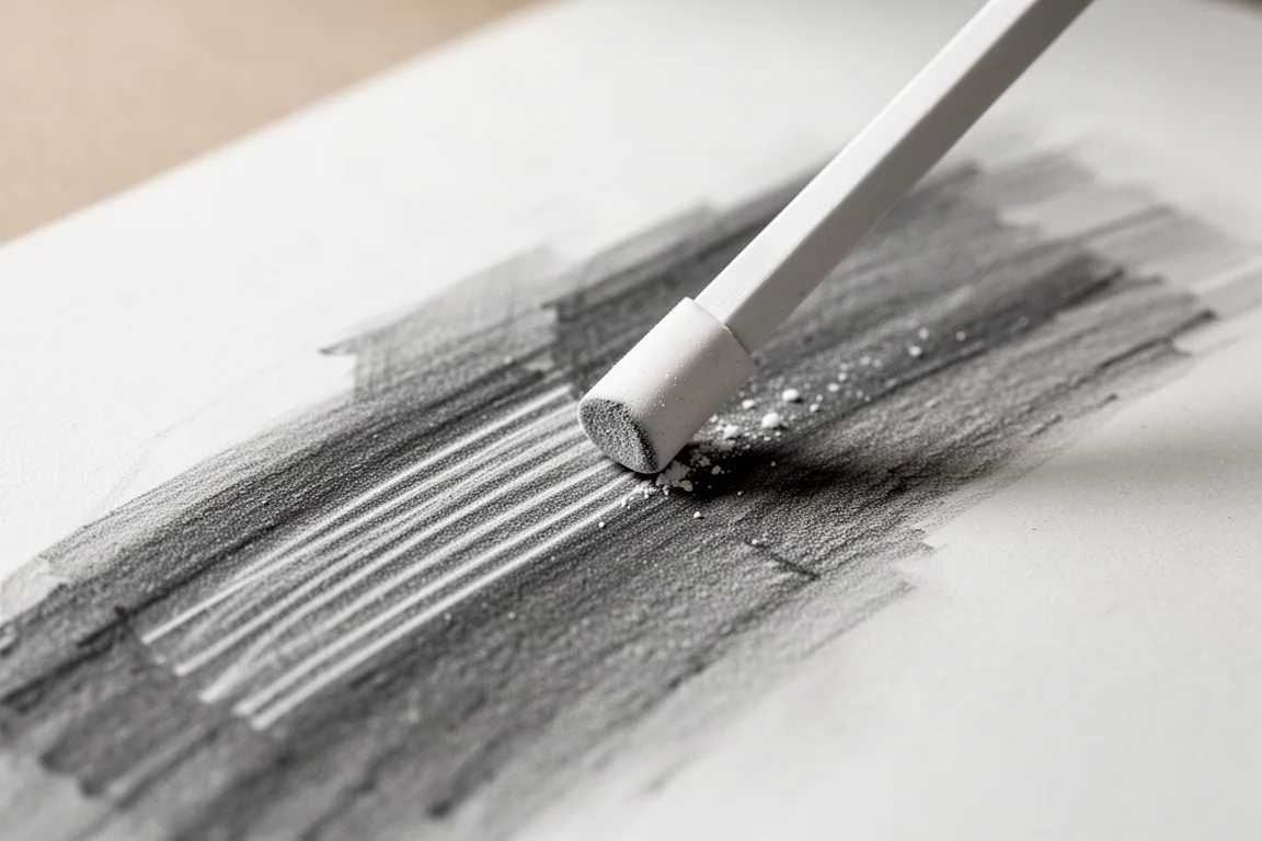 Une gomme en bâton qui soulève de fins rehauts sur un fondu de fusain estompé
