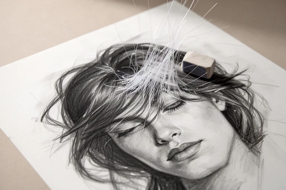 Papier à dessin montrant de fins cheveux effilochés soulevés par une gomme