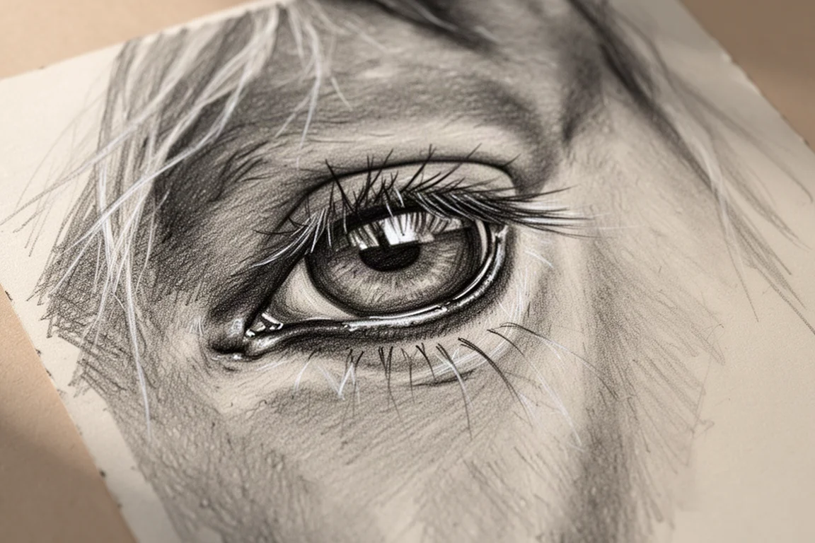 Étude au crayon terminée de l'œil d'un cheval avec de vifs rehauts et la texture du pelage