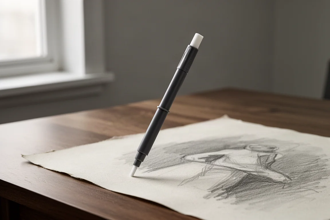 Gomma Tombow Mono Stick accanto a un foglio di carta da disegno ombreggiato su una scrivania in legno