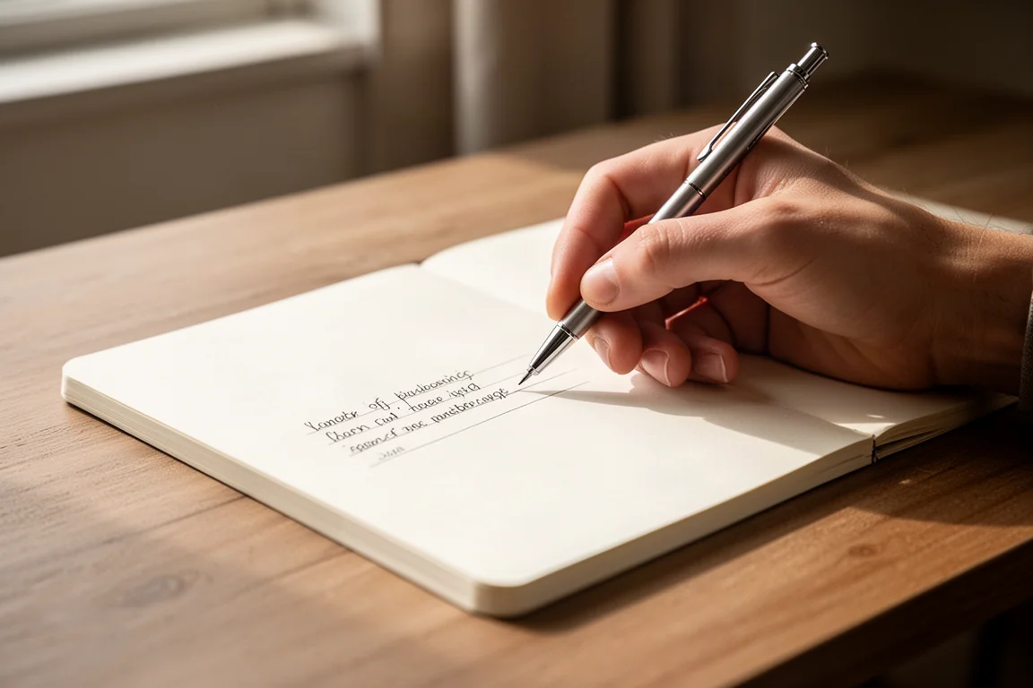 Main prenant des notes dans un carnet avec un porte-mine