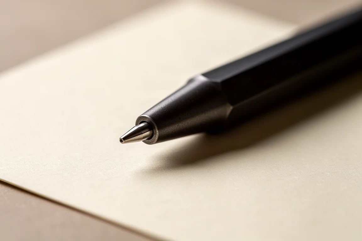 Ciemna końcówka ołówka automatycznego z srebrną prowadnicą leżąca na kremowym papierze