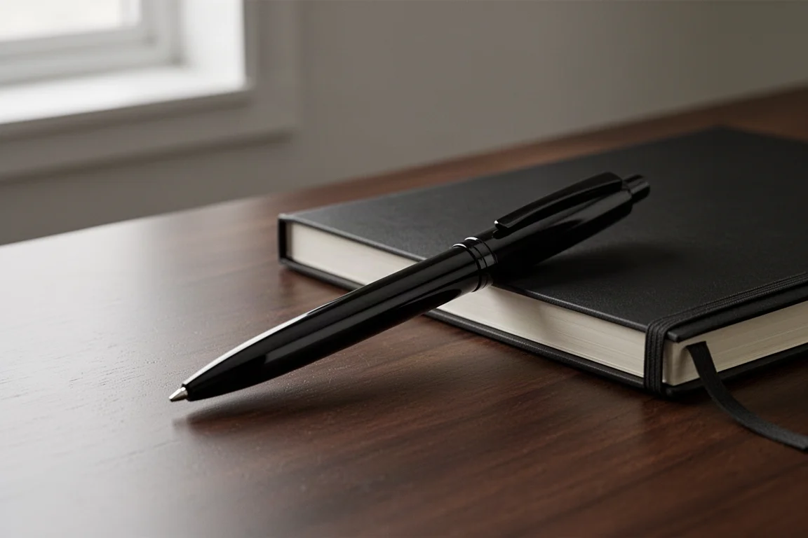 Glossy black capped pen resting on a dark desk with soft window light