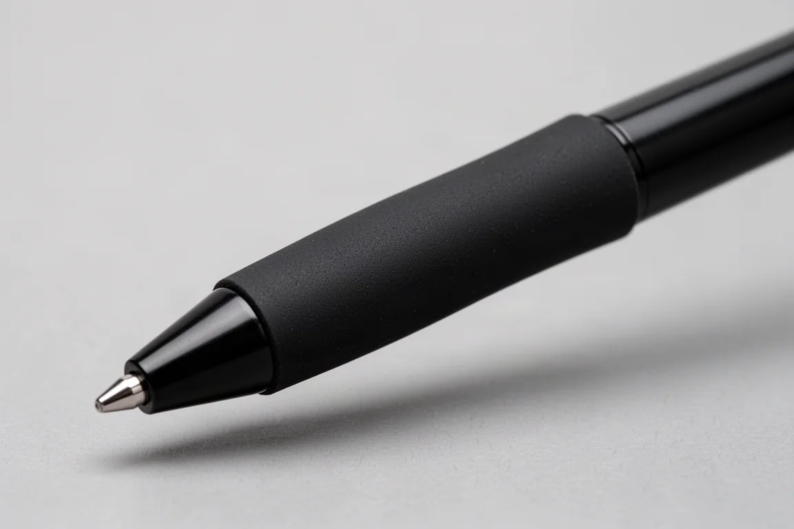 Close-up of a black rubber grip section on a pen with visible taper