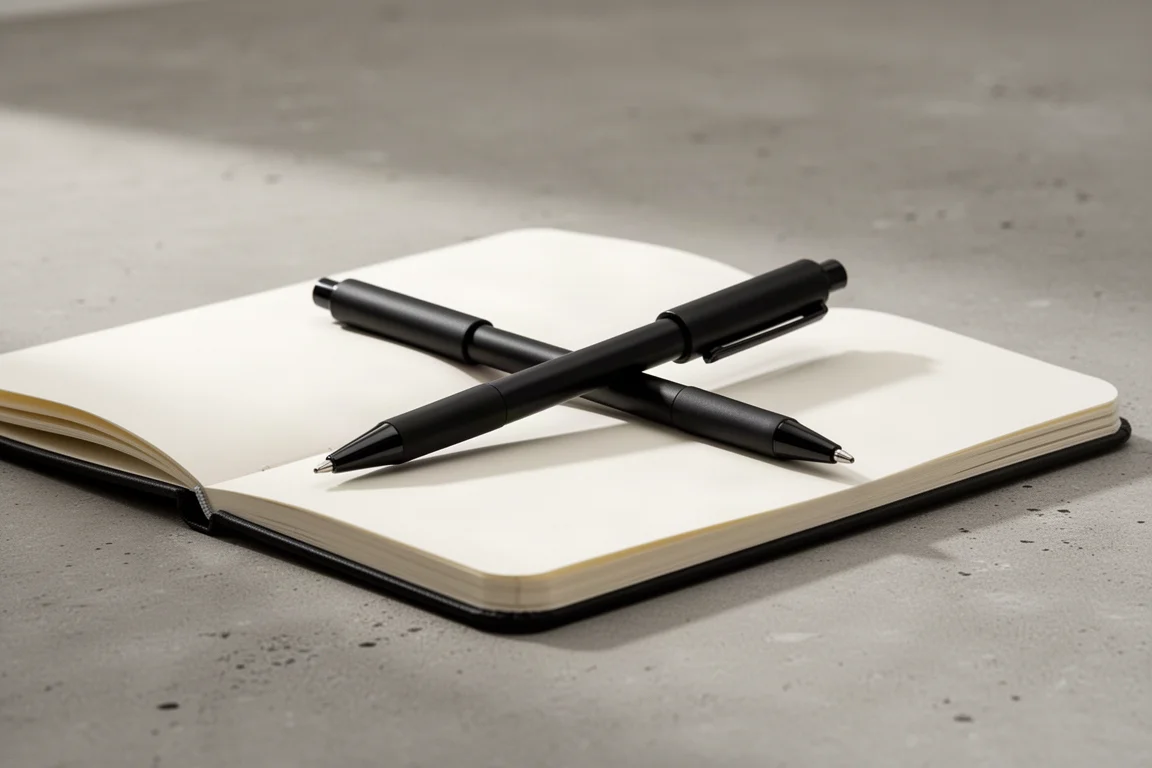 Pen with cap posted on the back end resting on a notebook