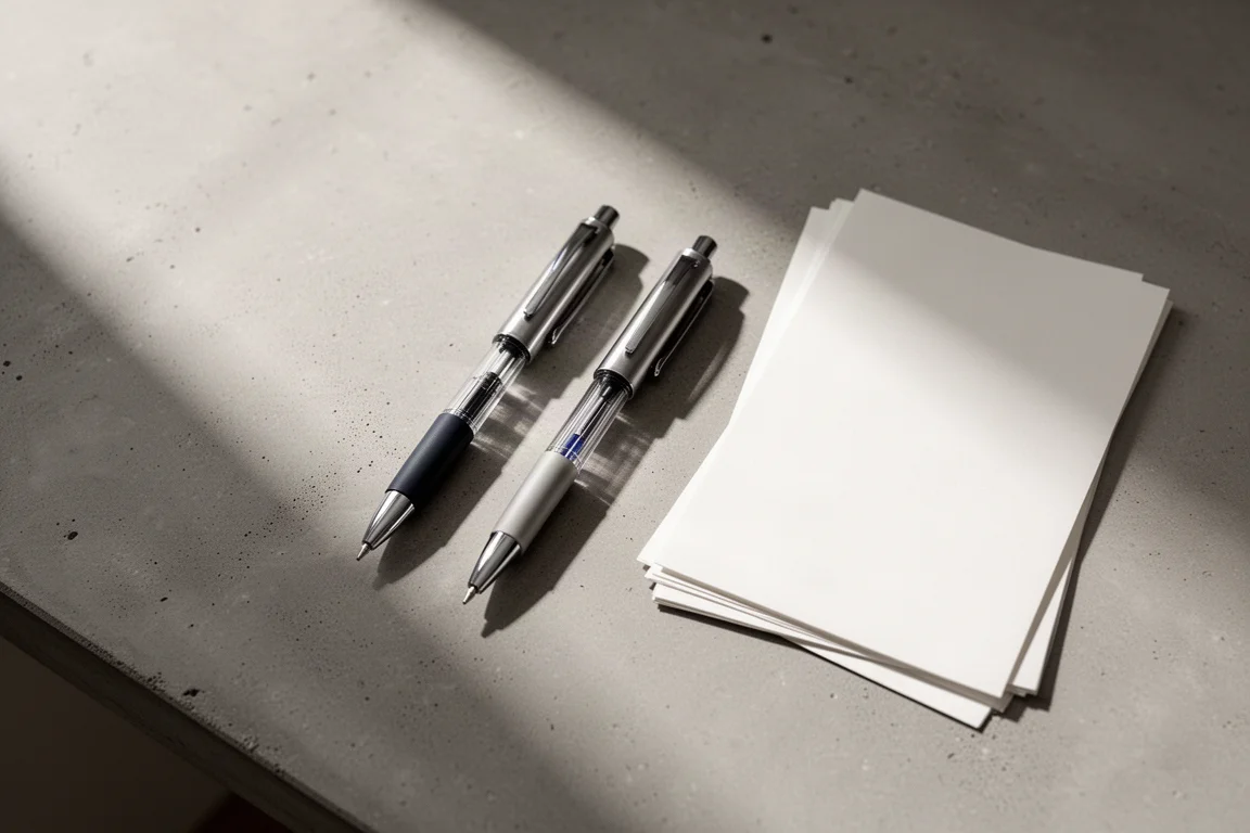 Deux multi-stylos à capuchon côte à côte sur un bureau en béton