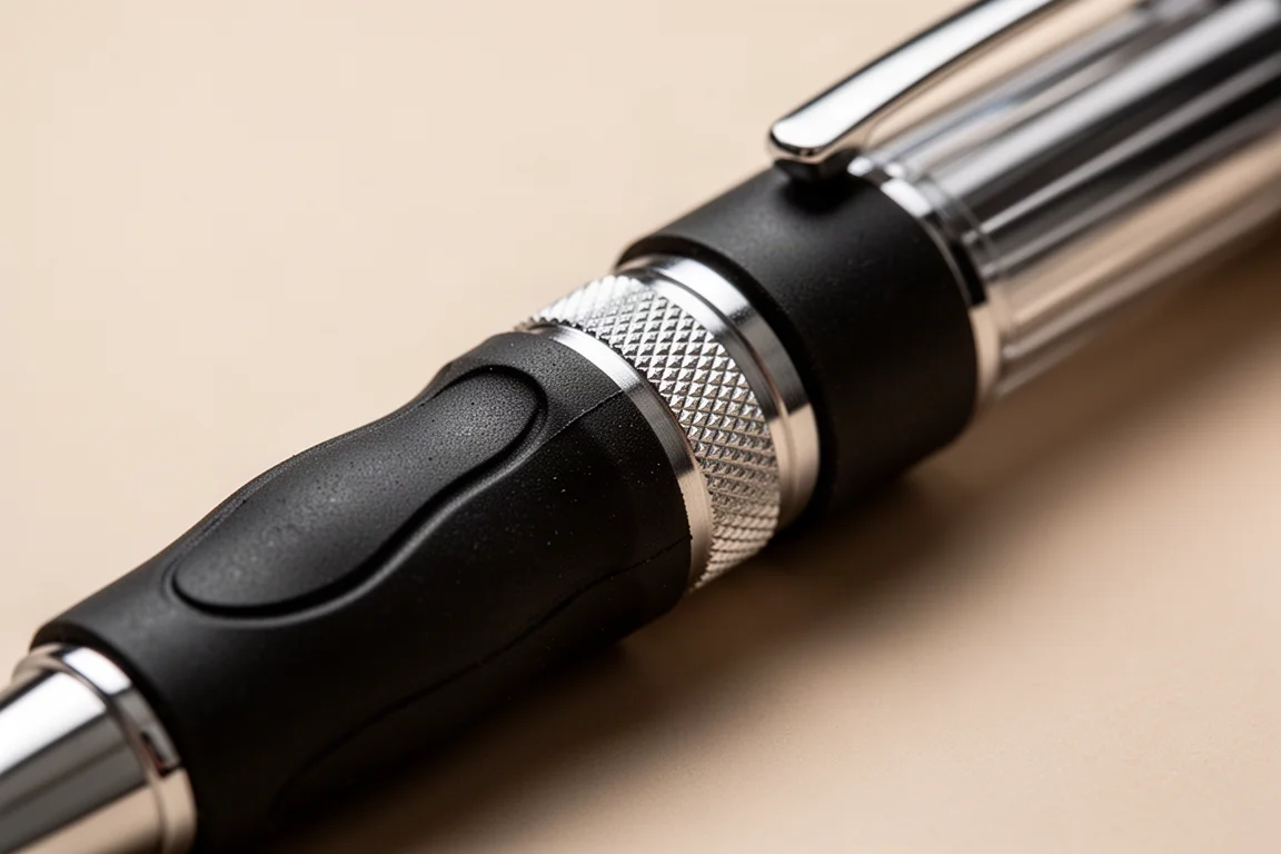 Gros plan sur une section grip en métal moleté d'un stylo