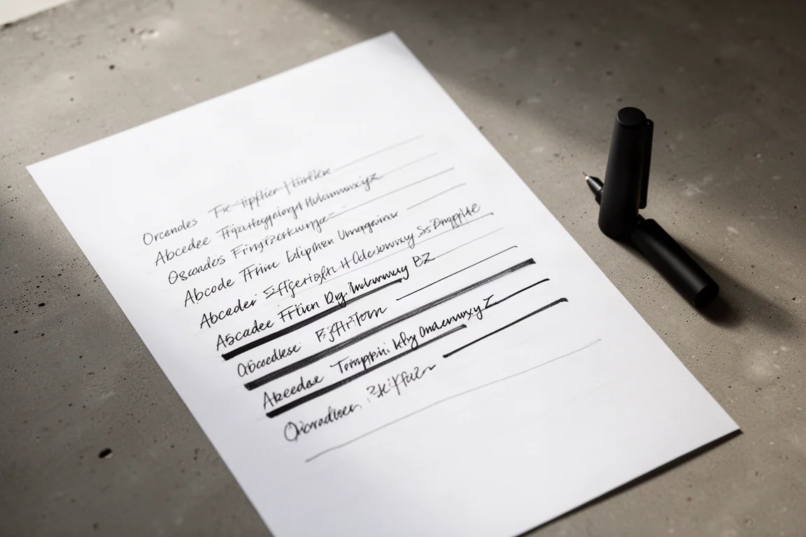 Righe di scrittura a mano su carta bianca con spessori di tratto variabili
