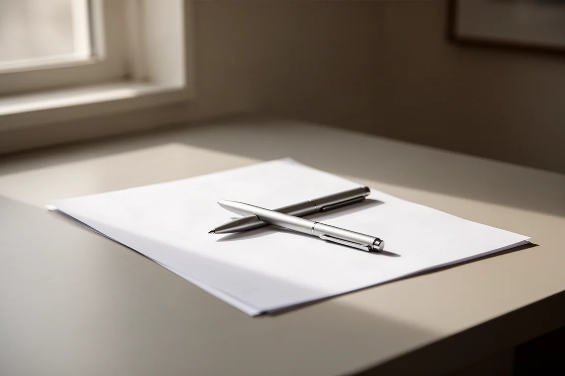 Scena di scrittura su una scrivania pulita con carta e una penna sottile in luce soffusa