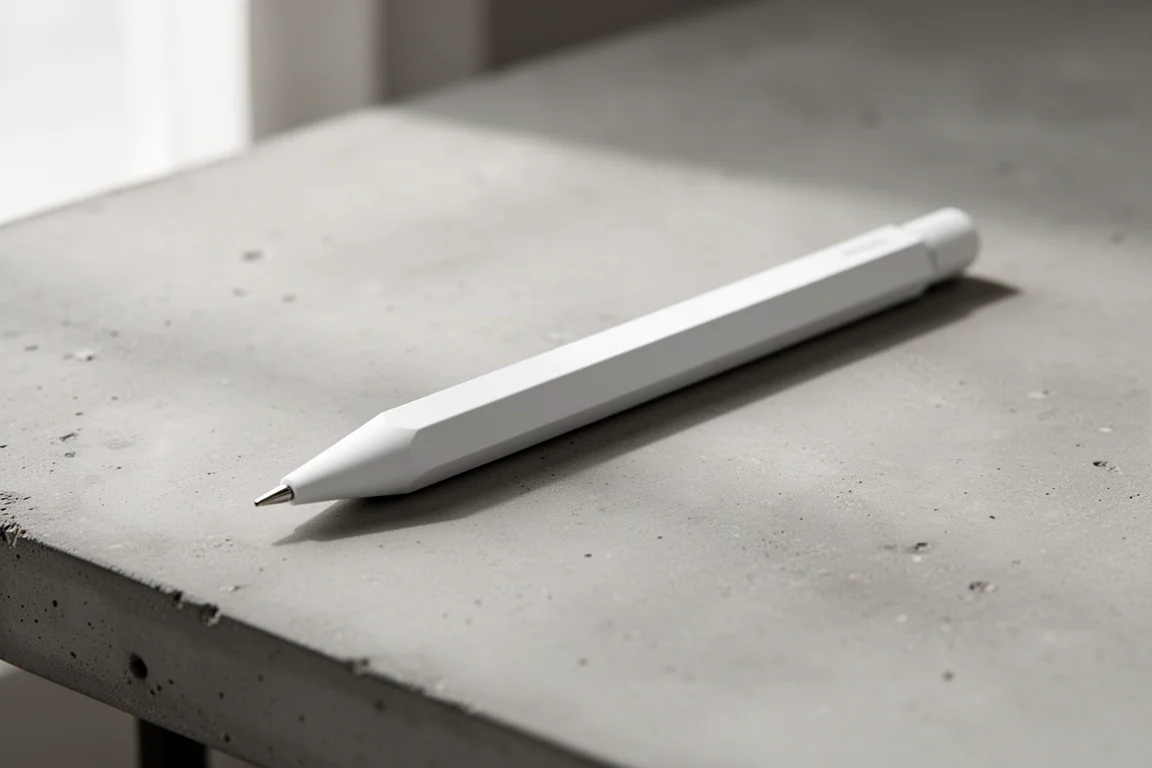 Mattvit trekantig mekanisk penna vilande på ett betongbaserat skrivbord