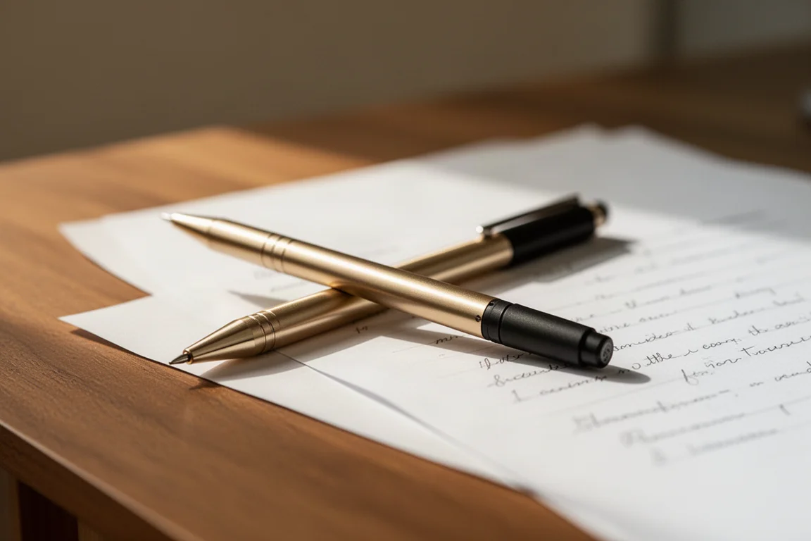 Metallener Druckbleistift auf einem Schreibtisch neben handschriftlichen Notizen