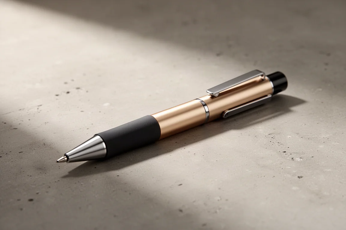 Champagne-gold metallic mechanical pencil with cap and clip on concrete surface