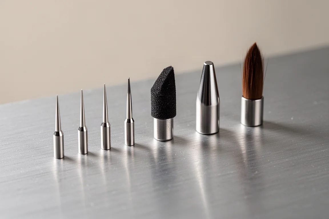 Nahaufnahme kleiner Fineliner- und Brush-Pen-Spitzen auf einer neutralen Oberfläche