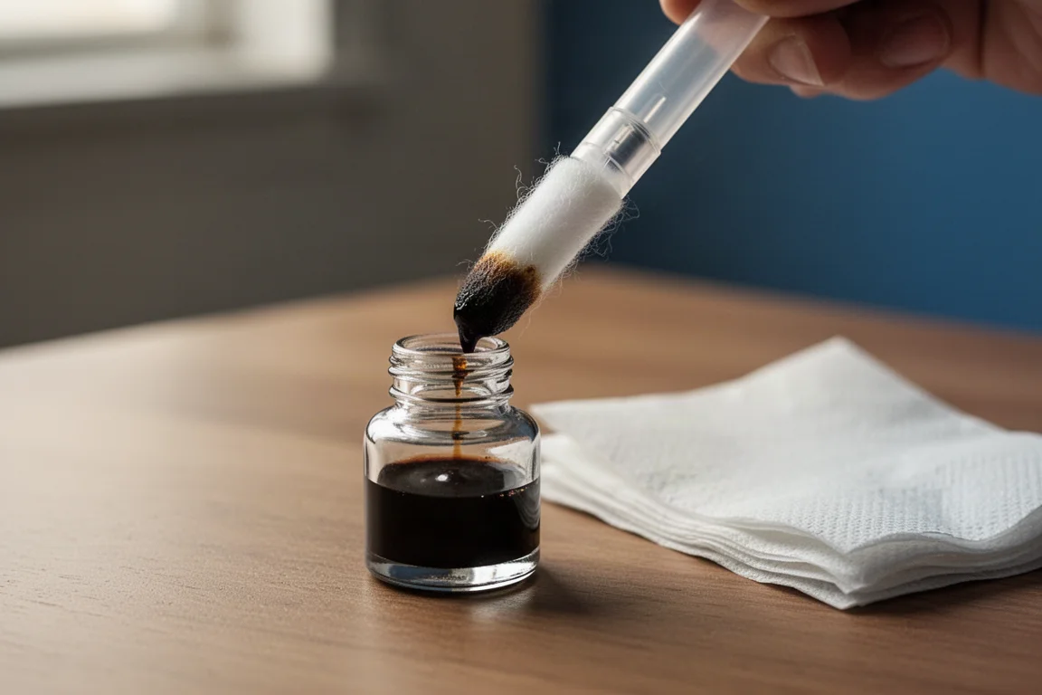 Hände füllen einen kleinen Tintentank eines Stifts aus einer Glas-Tintenflasche