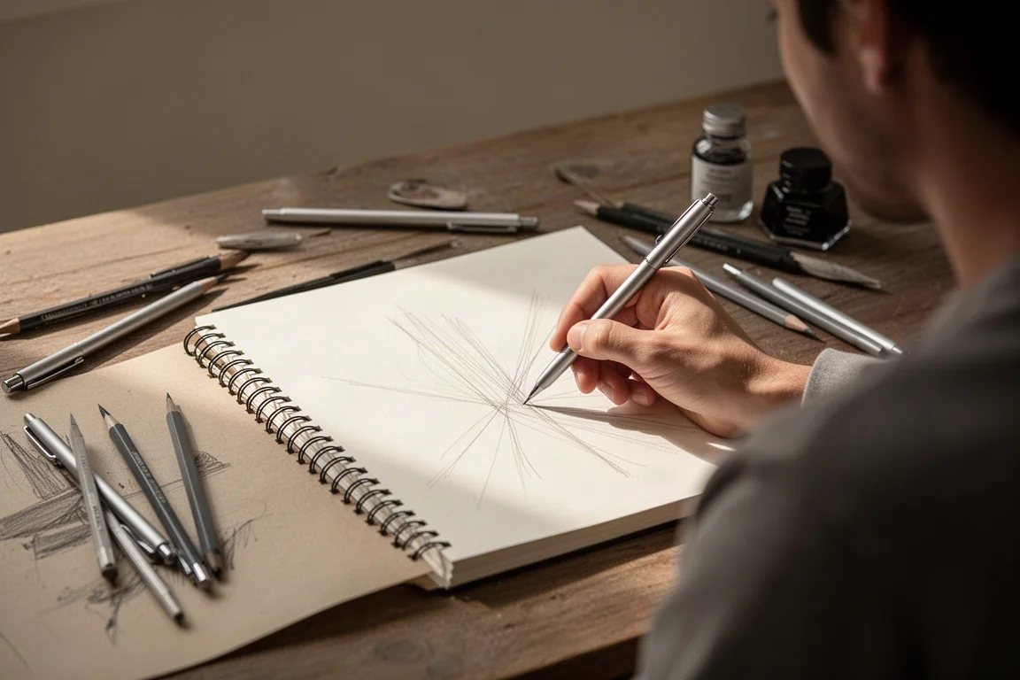 Künstler zeichnet am Schreibtisch mit einem schlanken Stift im warmen Nachmittagslicht