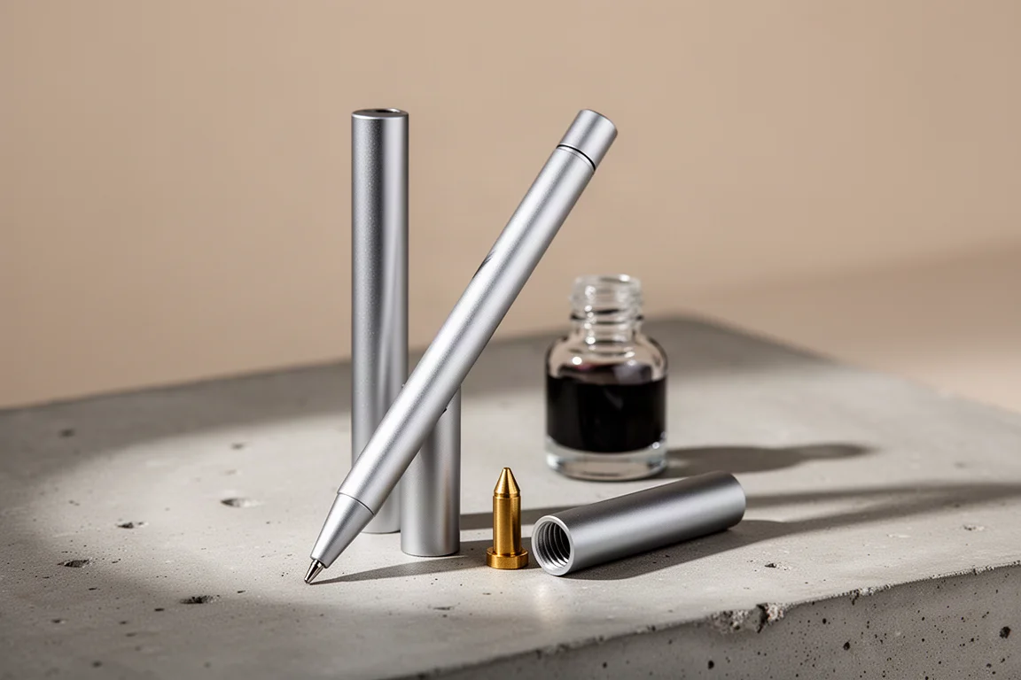 Elaluminowany pióro bez nasadki na betonie, obok nasadki i butelki atramentu