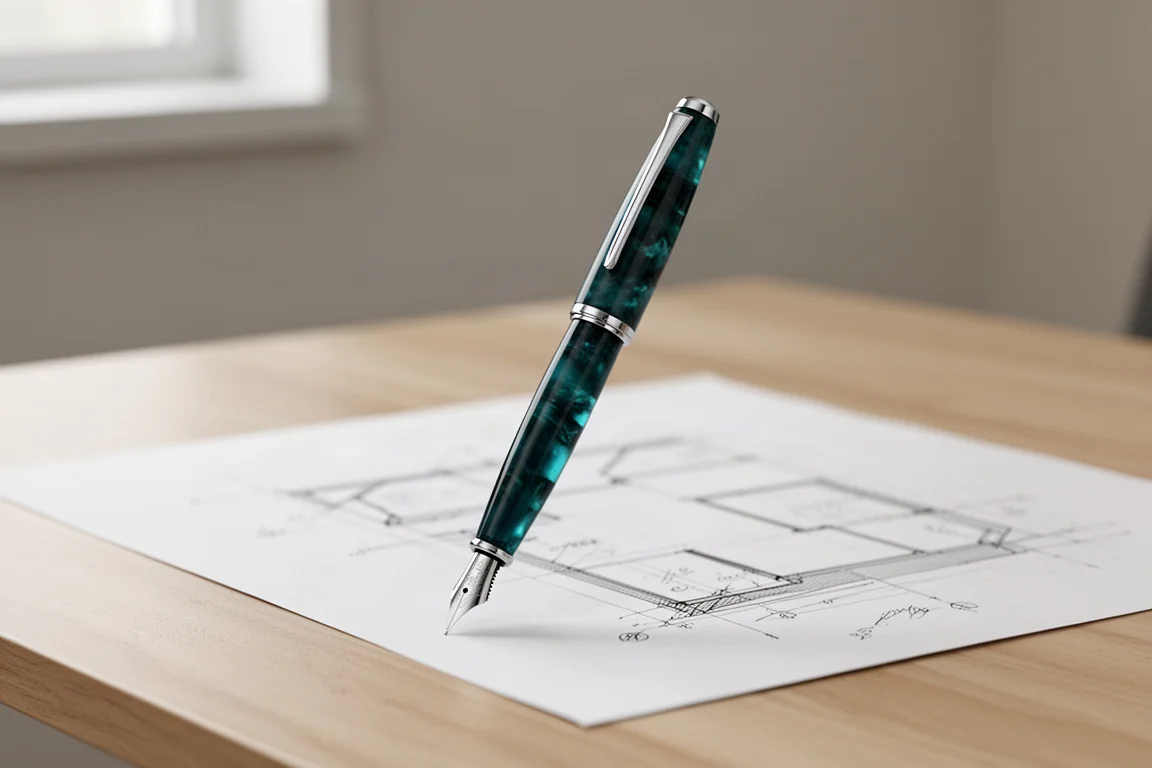Deep green metal fountain pen with stainless steel nib on an aluminium desk