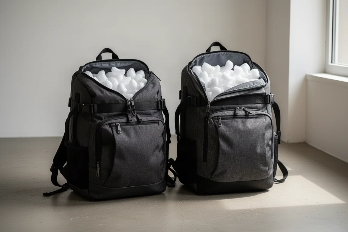 Two duffel backpacks side by side with packing peanuts spilling from an open top