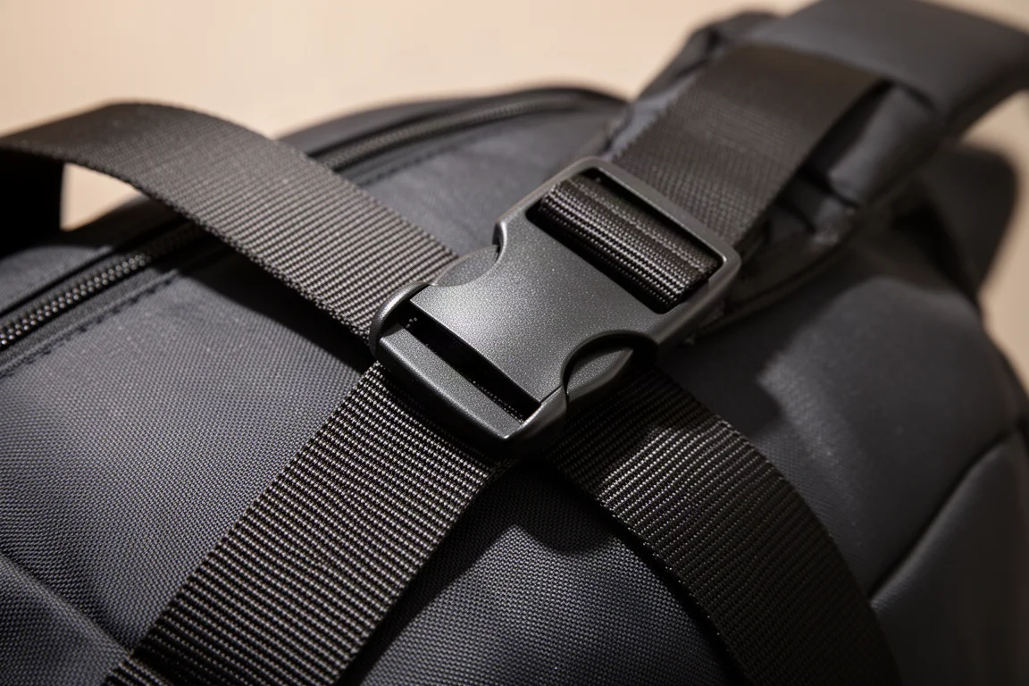 Close-up of seat belt style webbing strap and buckle on a travel backpack