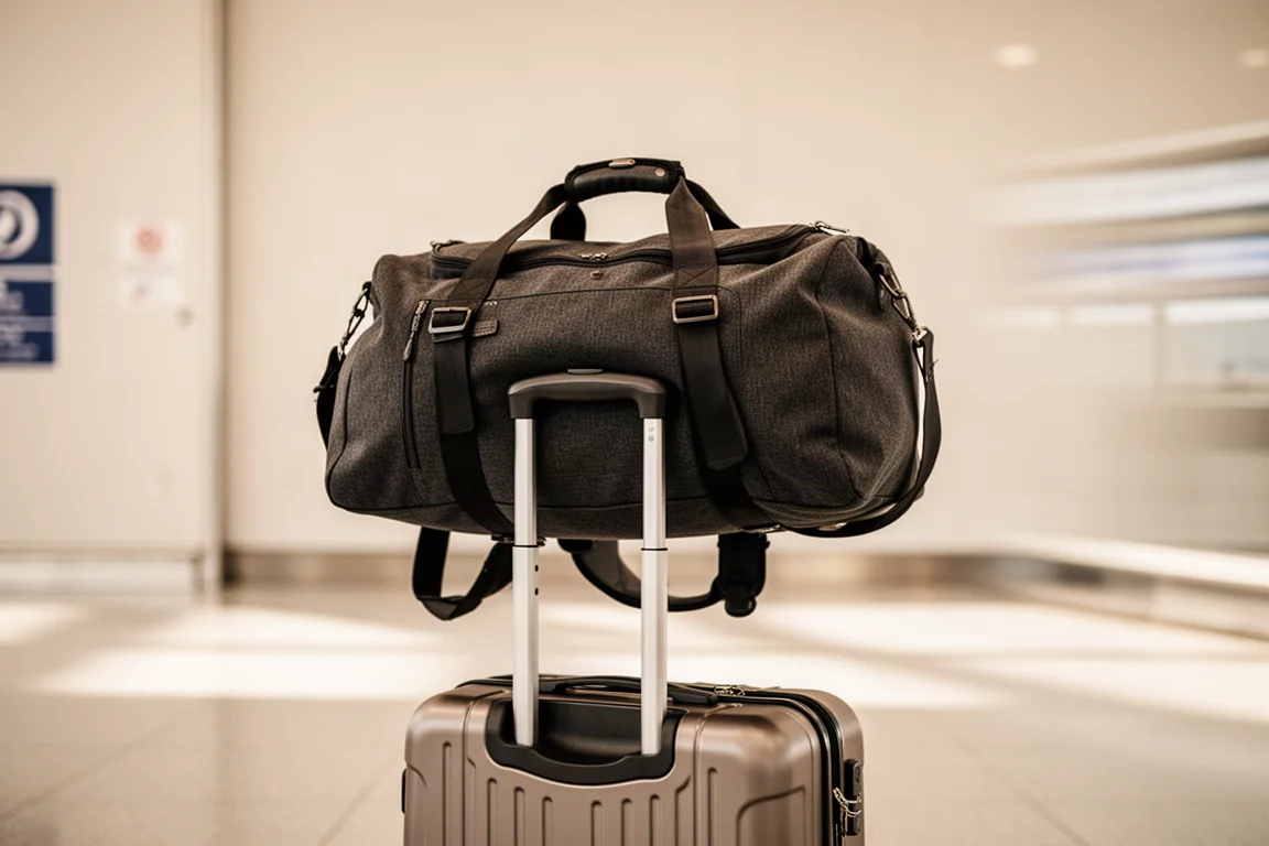 Traveler stacking a duffel backpack horizontally on top of rolling luggage at an airport