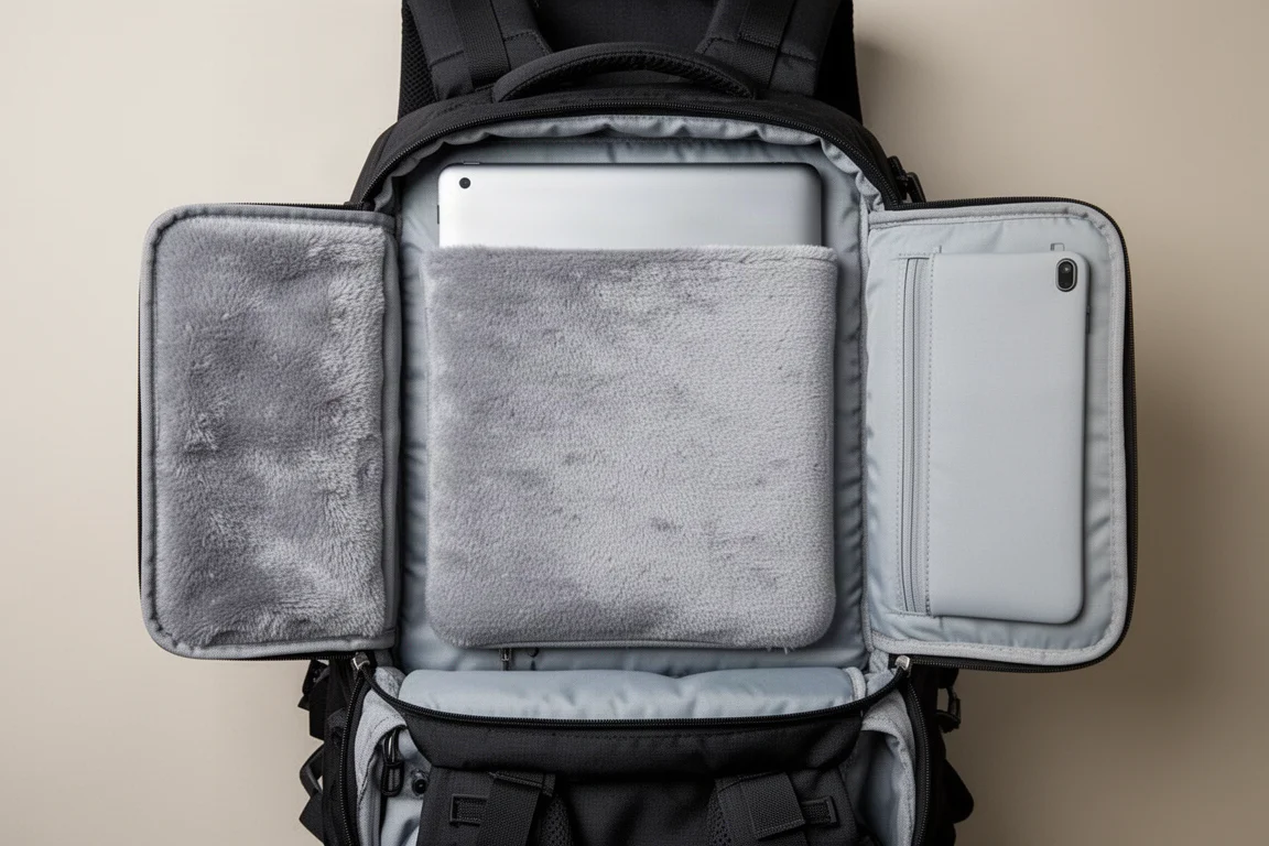 Open laptop compartment with fuzzy lining and gray interior fabric in a backpack