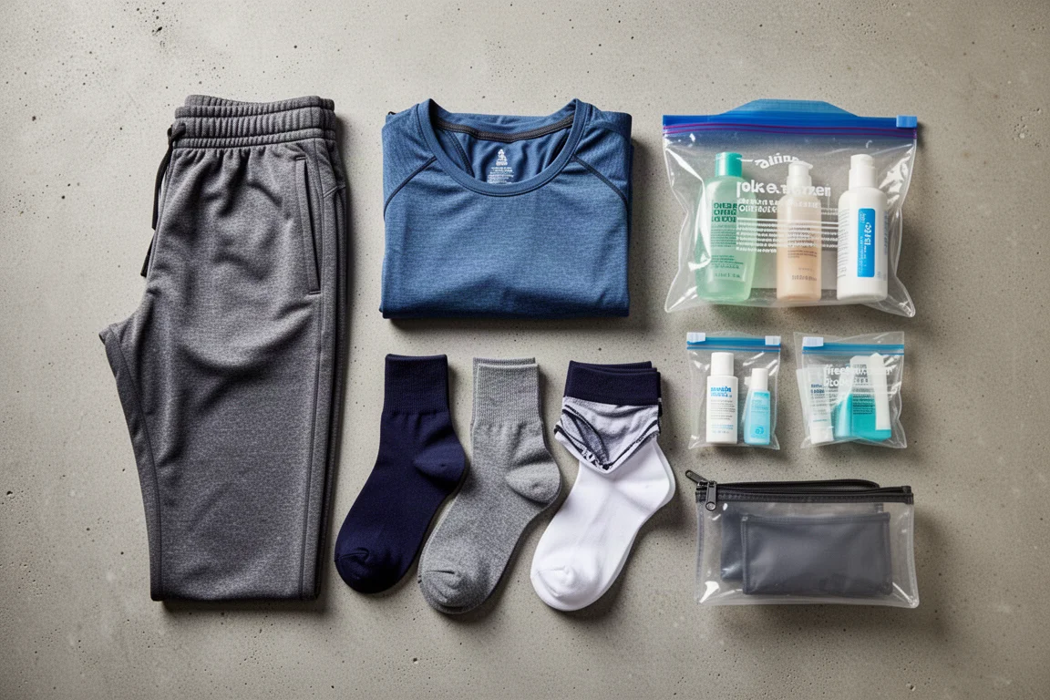 Vista dall'alto in flat-lay di packing cube, vestiti piegati e bustine per toiletries con chiusura zip