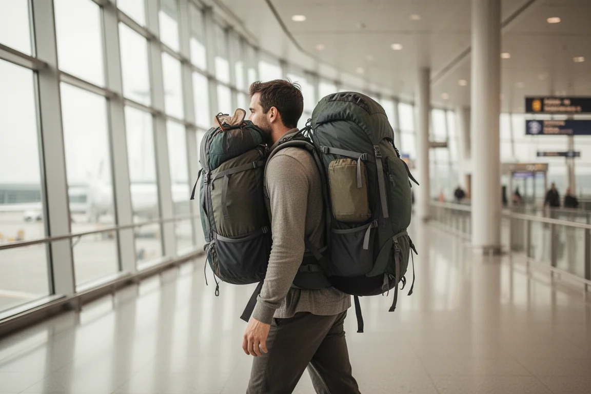 Viaggiatore che cammina in un terminal aeroportuale con lo zaino in spalla, profilo laterale