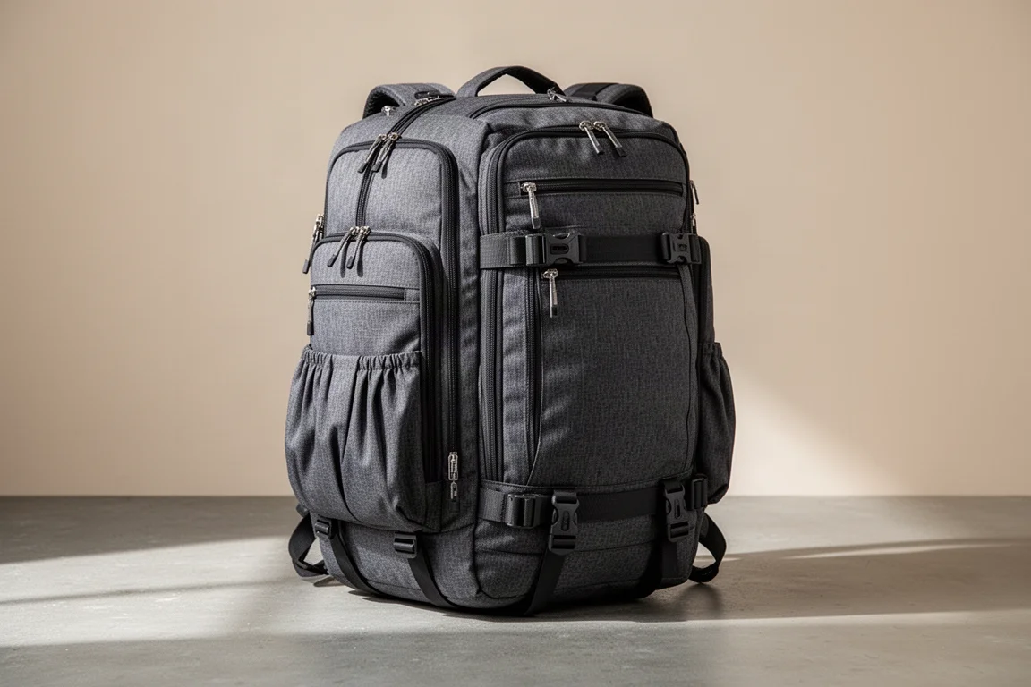 Tomtalk 40L travel backpack standing upright on a concrete surface
