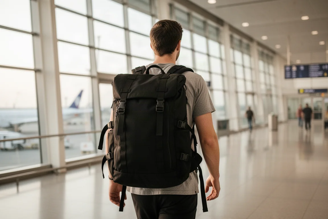 Traveler carrying a large boxy backpack through an airport terminal