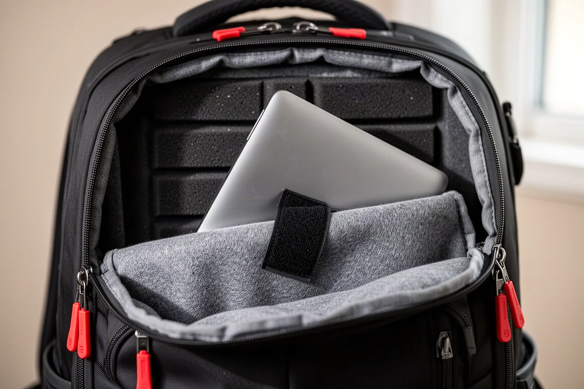 Close-up of a padded laptop sleeve with a 15-inch laptop sliding inside