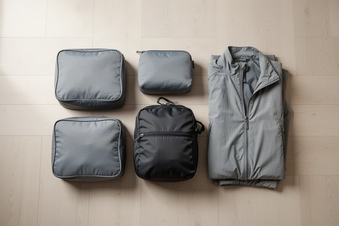Packing cubes, pouches and clothing laid out on a bed before packing