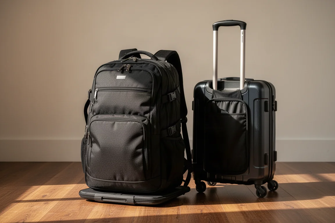 Fully packed travel backpack standing upright on a wooden floor next to rolling luggage