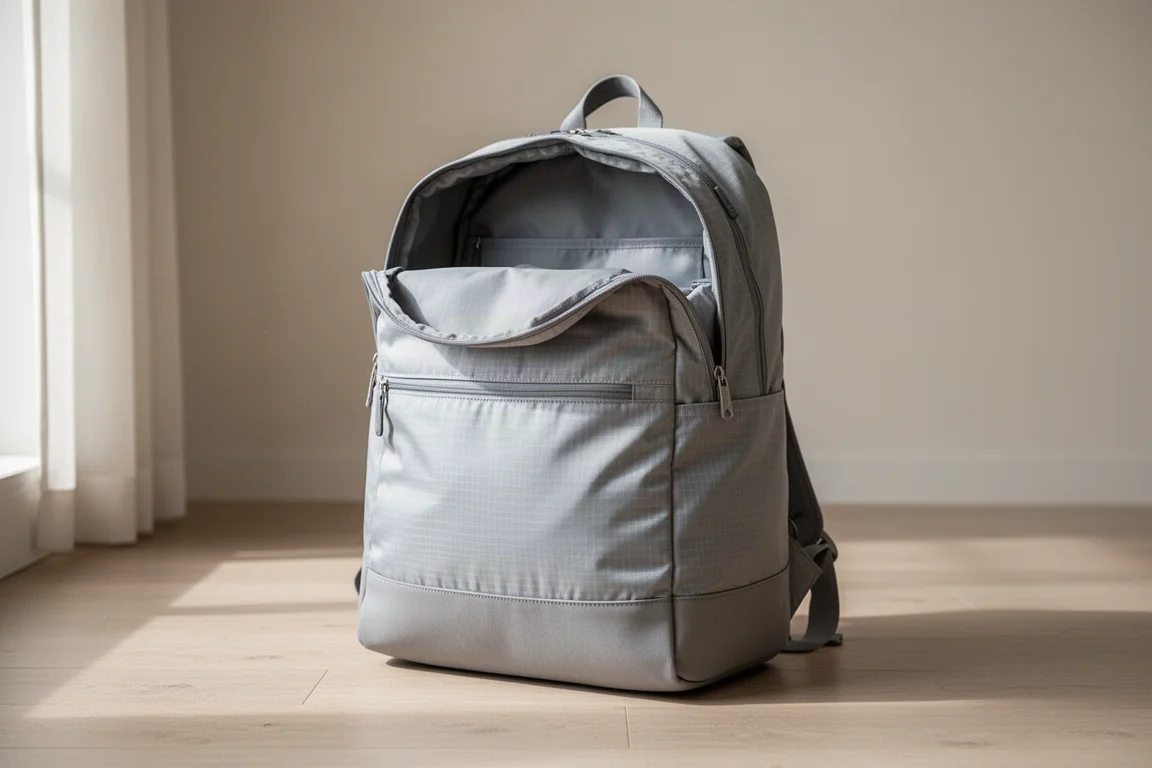 Sac de voyage style duffel ouvert sur un plancher de bois avec un panneau de base rigide