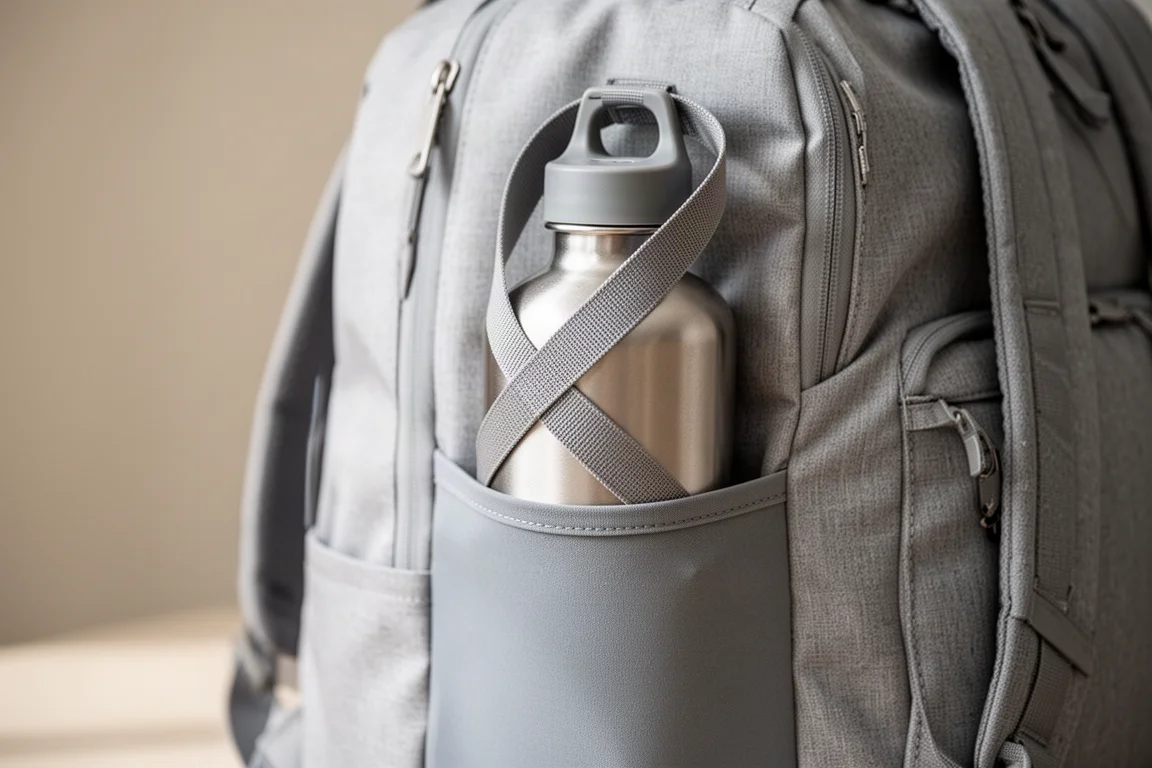 Poche latérale d'un sac de voyage contenant une gourde pleine taille maintenue par une sangle de compression