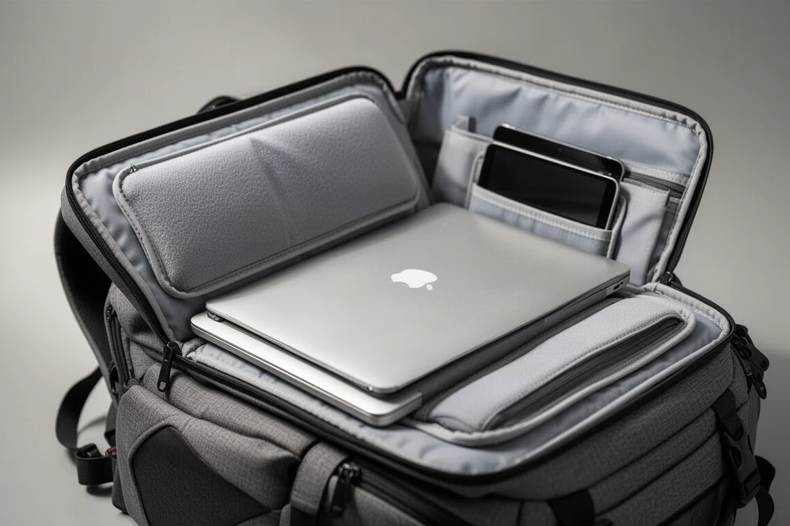 Compartiment ordinateur ouvert montrant des housses rembourrées pour un ordinateur portable et une tablette