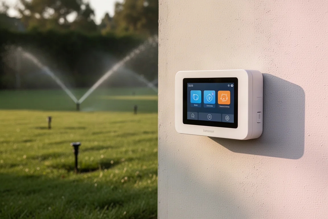 Pannello di controllo per irrigazione smart montato su una parete esterna di una casa