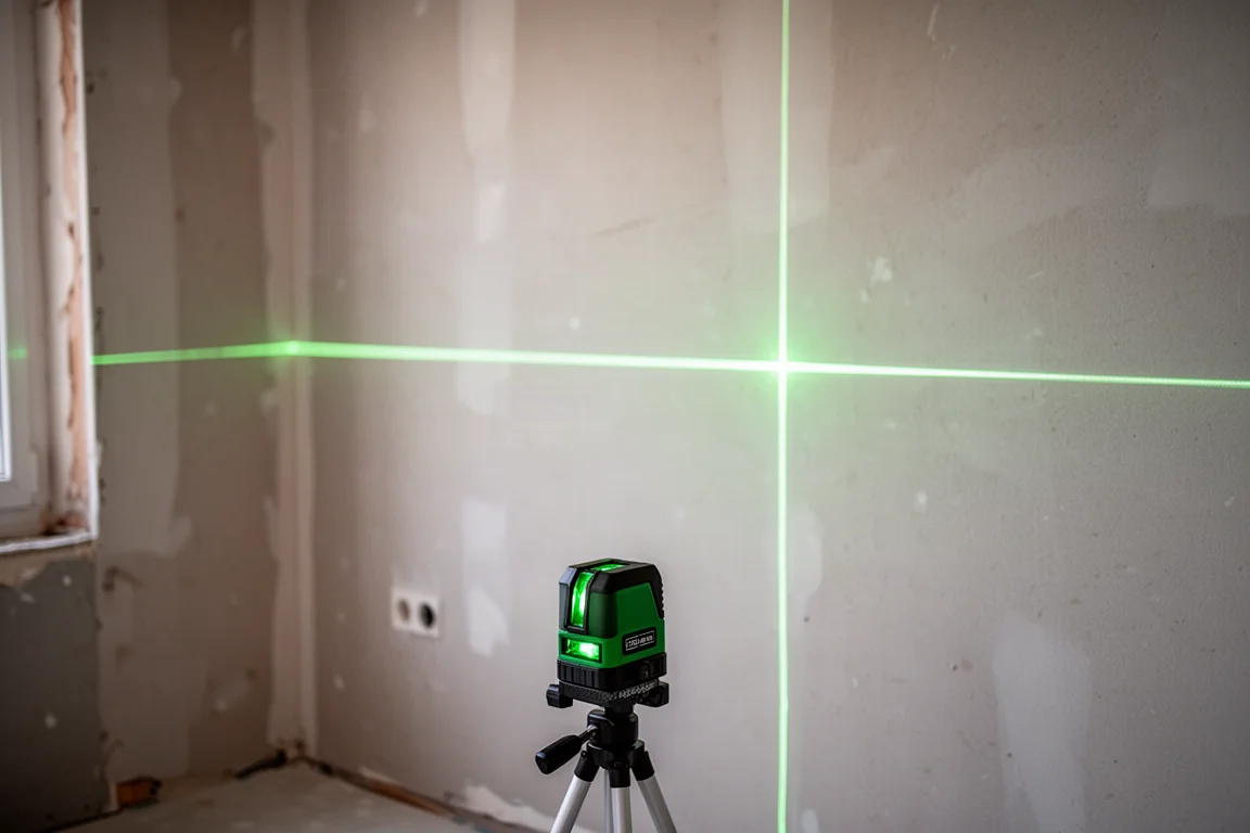 Laser verde a croce che proietta linee di livello su una parete in ristrutturazione
