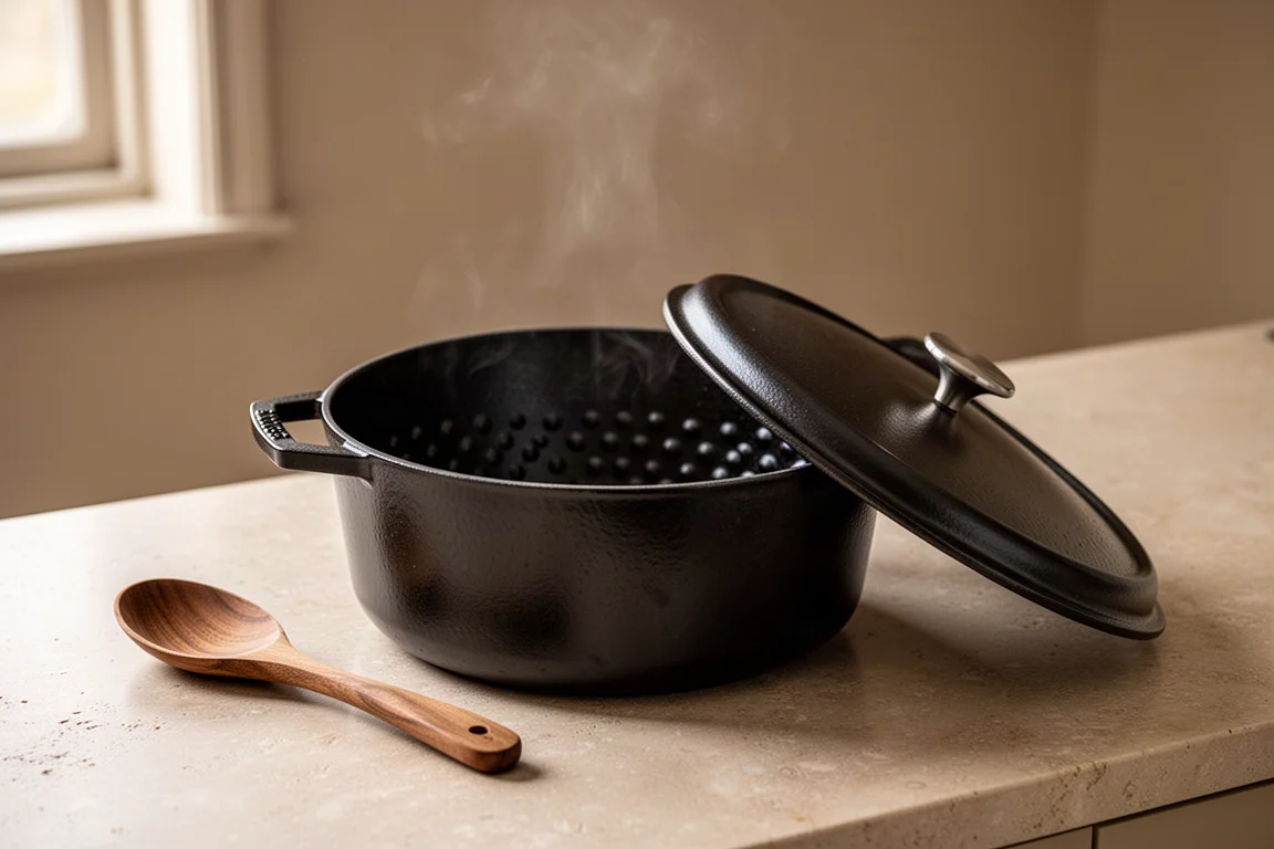 Pentola in ghisa smaltata scura con coperchio a piccole gobbe appoggiata su un piano della cucina