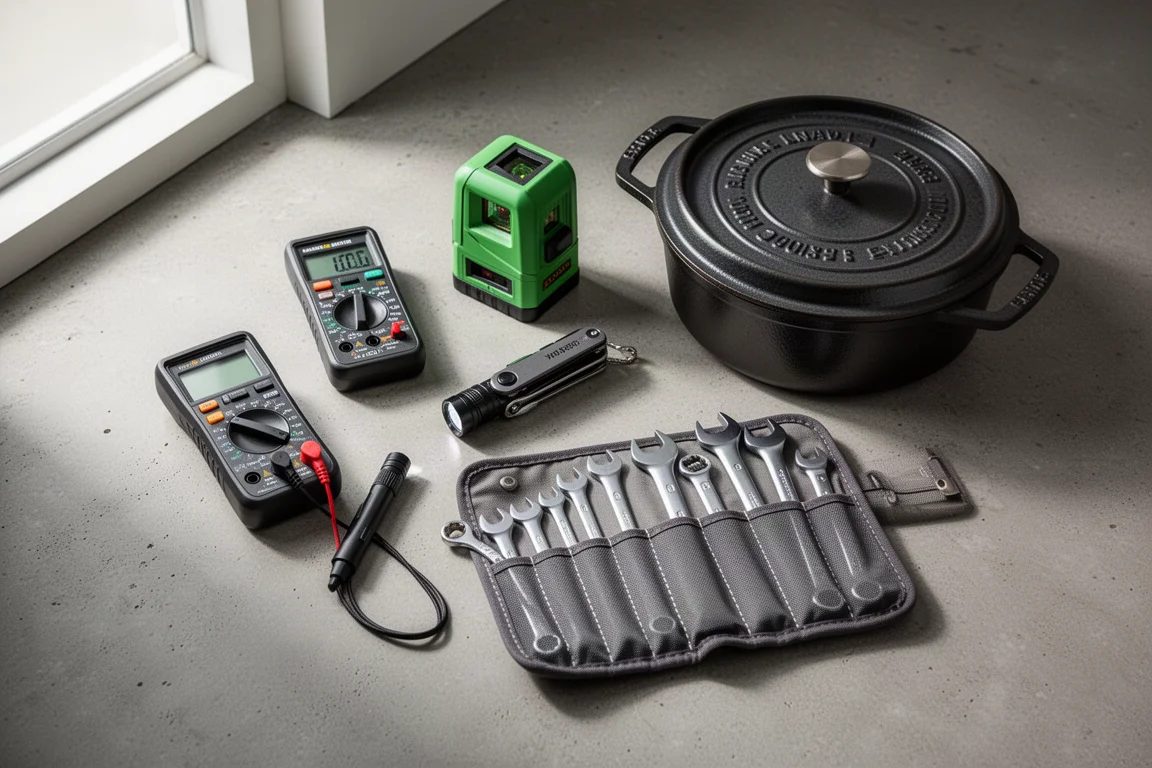 Flat-lay of multimeter, laser level, flashlight, wrenches, and cast iron pot on concrete