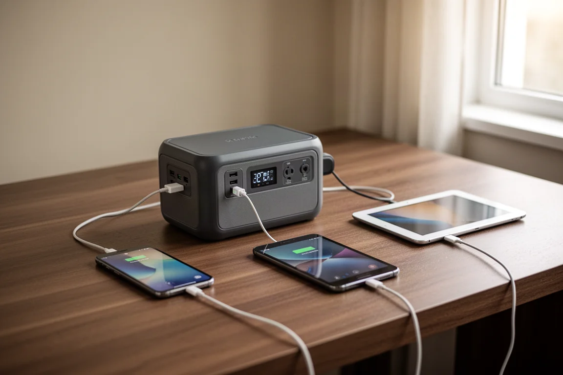 Power bank compatta che carica uno smartphone e un tablet su una scrivania di legno