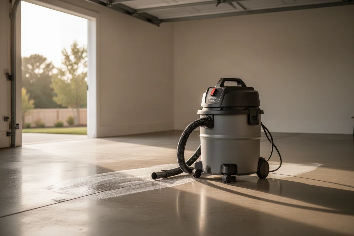Proprietario di casa che aspira il pavimento di un garage con una shop vac bagnato/asciutto silenziosa nelle vicinanze