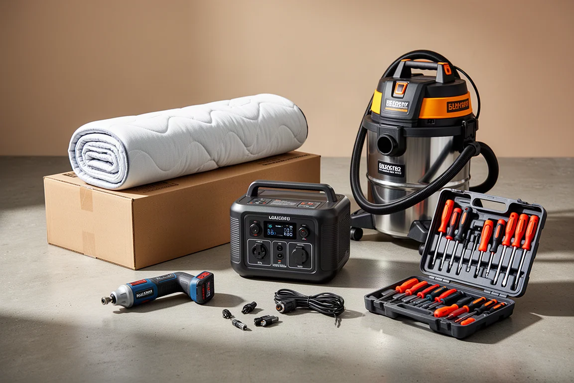 Collection of home and workshop products including a mattress box, power station, rotary tool, shop vac, and screwdriver set
