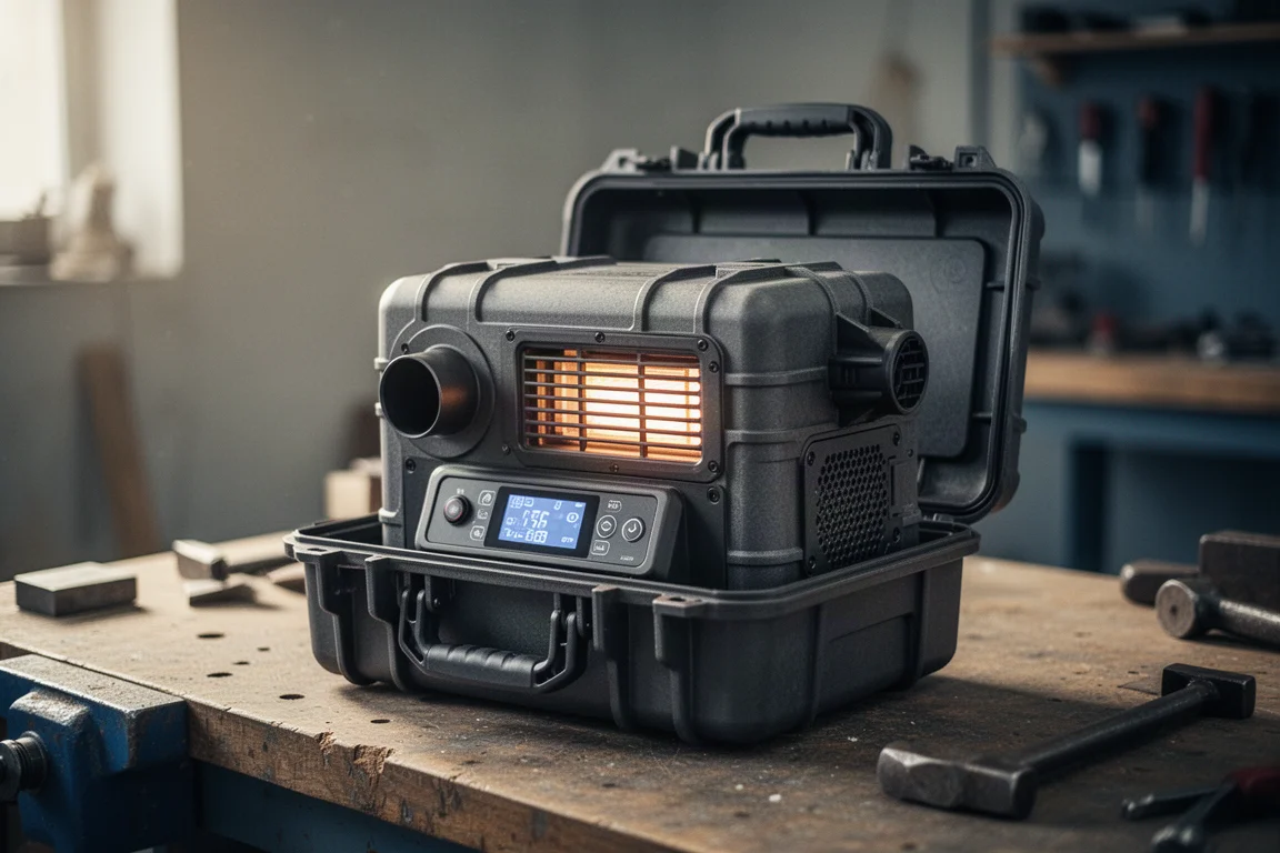 Draagbare dieselheater in toolbox opengemaakt op een werkbank in de werkplaats, display zichtbaar